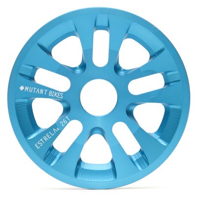 Roda azul metálica com texto MUTANT BIKES e ESTRELA 26T