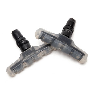 Duas pastilhas de travão para bicicleta com suporte plástico transparente e borracha preta