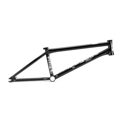 Estrutura de bicicleta BMX preta com detalhes em branco