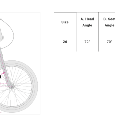 Gráfico técnico de bicicleta de montanha cinzenta com tabela de geometria