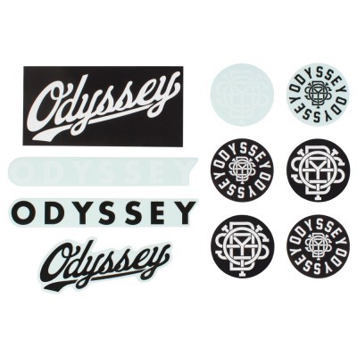 Autocolantes da marca Odyssey com texto e símbolos em preto, branco e azul claro.