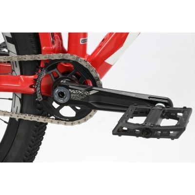 Pedal e prato de bicicleta vermelha e preta com corrente metálica