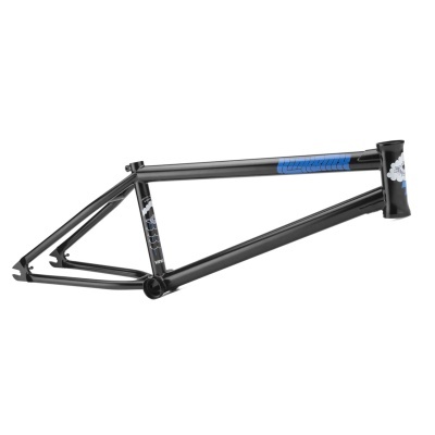 Quadro de bicicleta BMX cinzento escuro com detalhes azuis e pretos