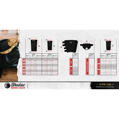 Tabela de tamanhos de produtos Shadow Riding Gear com medidas e etiquetas de tamanho