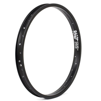 Aro de bicicleta preto metálico com inscrições brancas RAW SQUAD