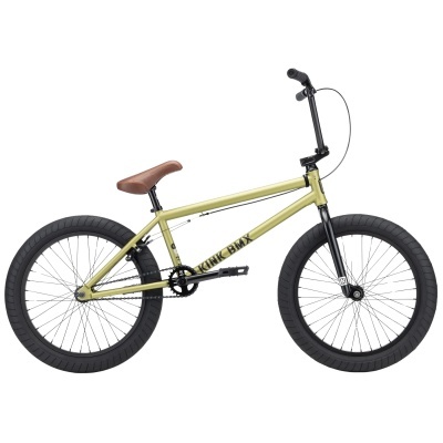 Bicicleta BMX amarela com guiador preto e selim castanho