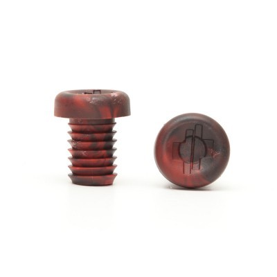 Parafuso de plástico vermelho e preto com cabeça arredondada e símbolos gravados.