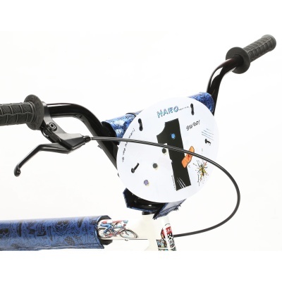 Guiador de bicicleta infantil azul com punhos pretos e placa branca com número 1