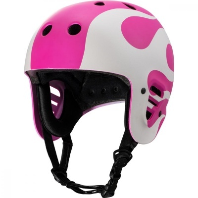 Capacete rosa e branco com ventilação e correias ajustáveis