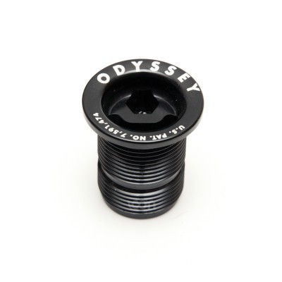 Peça cilíndrica metálica preta com roscas e texto ODYSSEY