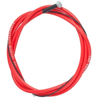 Cabo de bicicleta vermelho com texto branco 'THE SHADOW CONSPIRACY'