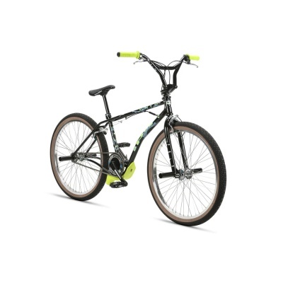 Bicicleta BMX preta com detalhes verdes neon e pneus com banda branca