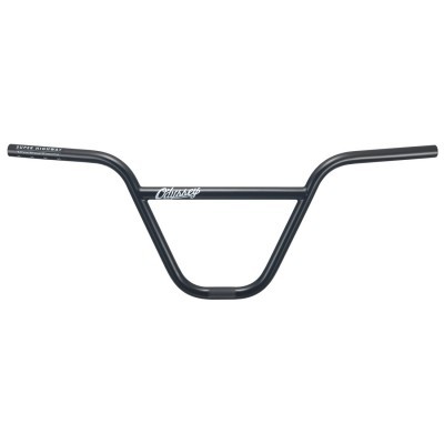 Guiador de bicicleta BMX preto com texto branco 'SUBTERFUGE' e 'Odyssey'