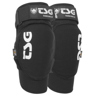 Joelheiras pretas TSG com logo branco e fecho ajustável.