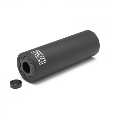 Silenciador cilíndrico preto com símbolo branco e anel solto