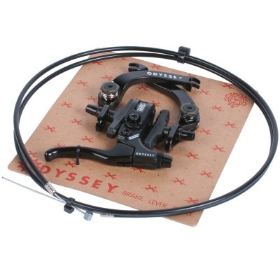 Conjunto de travão Odyssey preto com cabo sobre cartão castanho com padrão vermelho