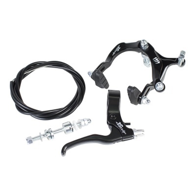 Conjunto de travões de bicicleta preto com alavanca, cabo preto e peças metálicas