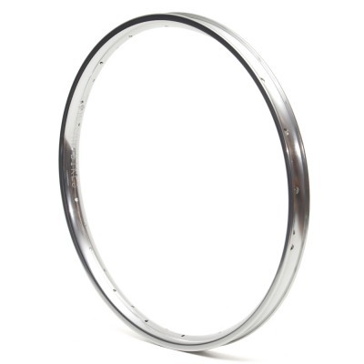 Aro de bicicleta metálico prateado com furos para raios e texto 36H 622 x 19