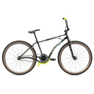 Bicicleta BMX preta com detalhes verdes e azuis