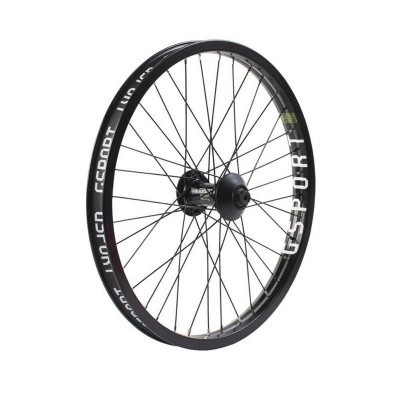 Roda de bicicleta preta com texto USS-PORT e JUNSH FOOT no aro