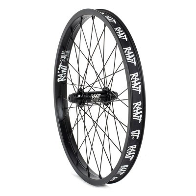 Roda de bicicleta preta com texto branco RANT no aro