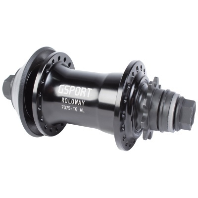 Cubo de roda preto metálico com furos e texto branco GSPORT ROLOWAY 7075-T6 AL