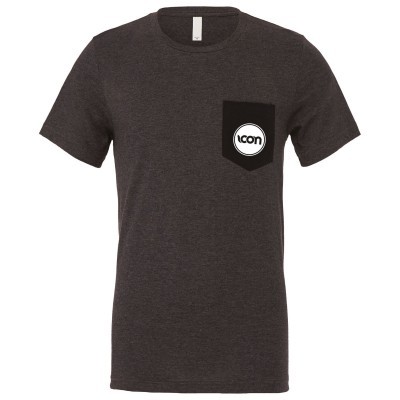 T-shirt masculina cinza escuro com bolso preto no peito e texto 'icon'