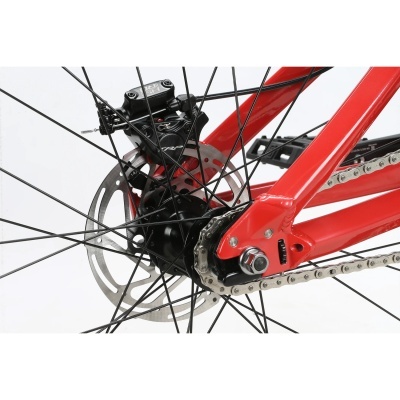 Roda traseira de bicicleta com quadro vermelho e sistema de travagem