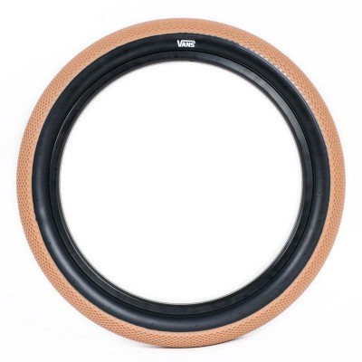 Pneu de bicicleta preto com banda de rodagem castanha e logotipo VANS