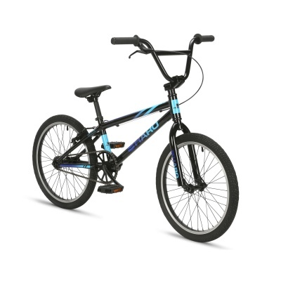 Bicicleta BMX Haro preta com detalhes azuis e guiador alto