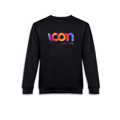 Sweatshirt preta com texto colorido ICON BIKE STORE nas costas