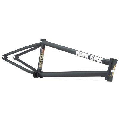 Quadro preto fosco de bicicleta BMX com texto branco KINK BMX