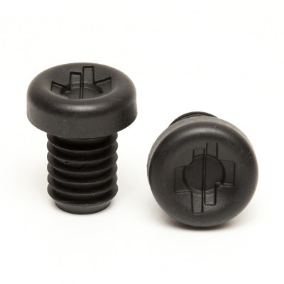 Tampões plásticos pretos com entalhe em cruz sobre fundo branco