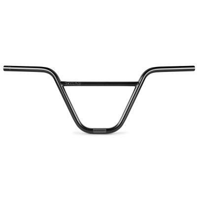 Guiador de bicicleta preto em metal com barra transversal e reforço acolchoado cinza