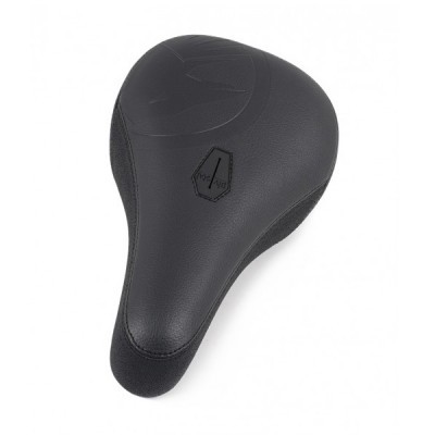 Selim de bicicleta preto com logotipo e textura