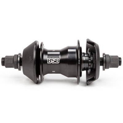 Cubo de bicicleta preto com insígnia BSD e porcas nas extremidades