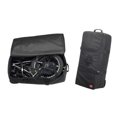 Mala preta com bicicleta dobrável dentro e mala preta fechada ao lado