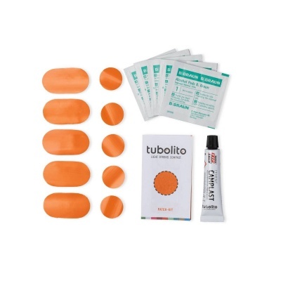 Kit de remendo para pneus com remendos laranja, pacotes de álcool, tubo de cola e embalagem tubolito