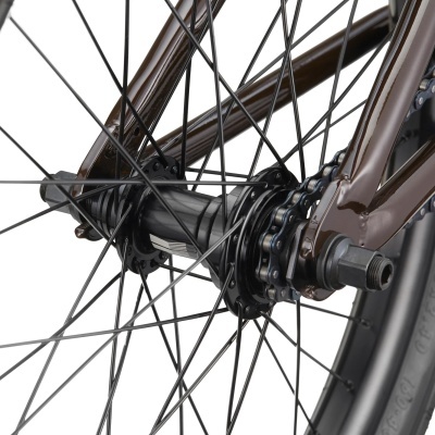 Roda traseira de bicicleta com quadro castanho e raios pretos