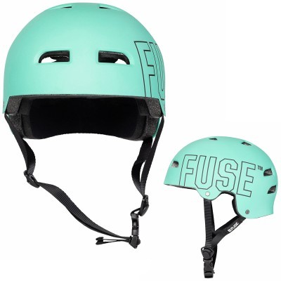 Capacete verde-água com texto FUSE e fita preta ajustável