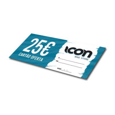 Cartão oferta azul e branco de 25€ da Icon Bike Store