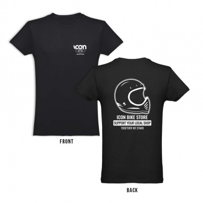 Camiseta preta com texto e imagem branca