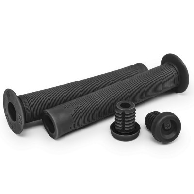 Conjunto de punhos e tampas de bicicleta em borracha preta com padrão de linhas horizontais