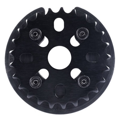 Engrenagem circular preta de metal com parafusos e furo central