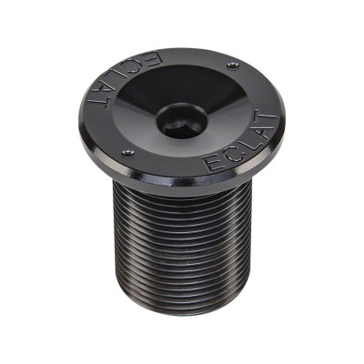 Peça cilíndrica preta com superfície rosqueada e topo circular com inscrições ECLAT