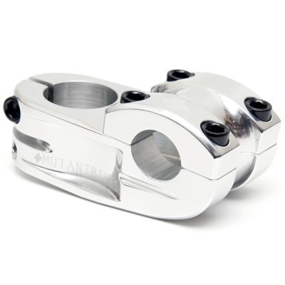 Suporte de guiador prateado para bicicleta com parafusos pretos e gravação MUTANTBIKES.