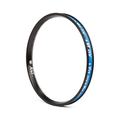 Aro de roda de bicicleta MTB preto e azul com texto branco