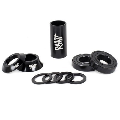 Peças metálicas negras com logotipo RANT em branco sobre fundo branco