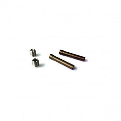 quatro peças metálicas pequenas, dois parafusos roscados e duas hastes cilíndricas