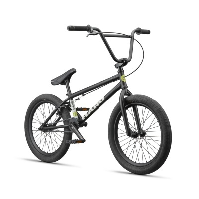 Bicicleta BMX preta com pneus grossos e quadro com texto HARO